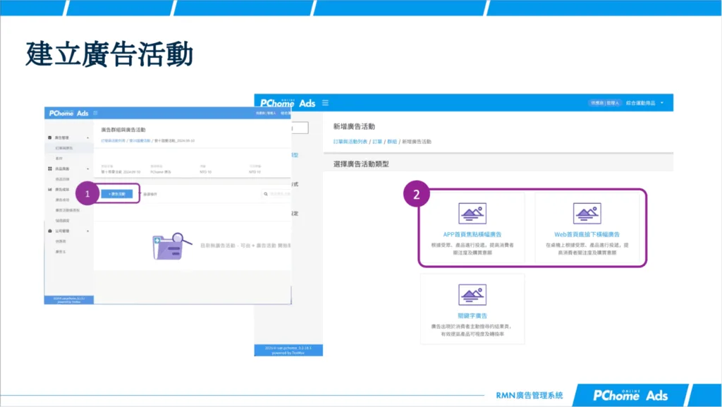 點「新增廣告活動」，選擇 PChome RMN 展示型版位（Web/App 焦點橫幅）