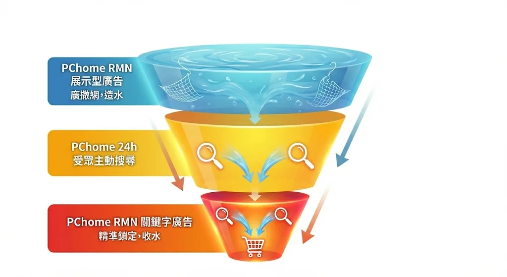 PChome RMN 雙引擎模型：PChome RMN 展示型廣告曝光於 PChome 24h 首頁，為品牌商品創造高流量曝光，刺激消費者需求進一步搜尋相關商品，形成「上游造水」。PChome RMN 關鍵字廣告精準鎖定主力產品關鍵字和品牌字，收網攔截展示型廣告創造出來的「增量需求」，形成「下游收水」。