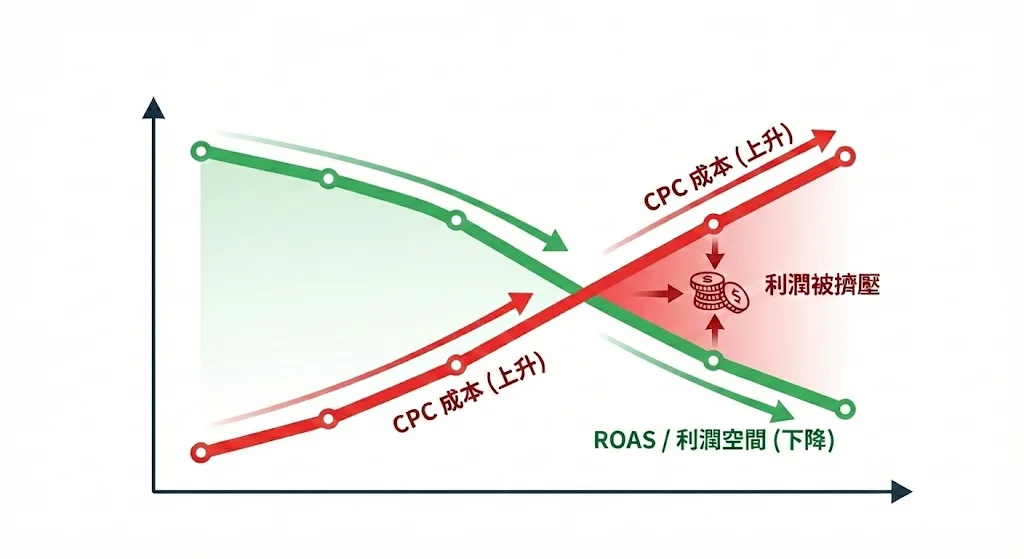 在 PChome 24h 平台大促期間，眾多廠商同時以較高的 CPC 爭奪有限的搜尋流量時，短期內競價成本飆升，暴增的廣告費侵蝕了原本優異的 ROAS，使廠商利潤空間壓縮。